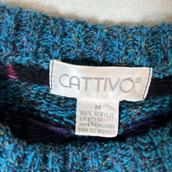 Vintage 90s Cattivo Sweater Coogi Style 3D Knit Size Medium Geometric - Picture 5 of 14